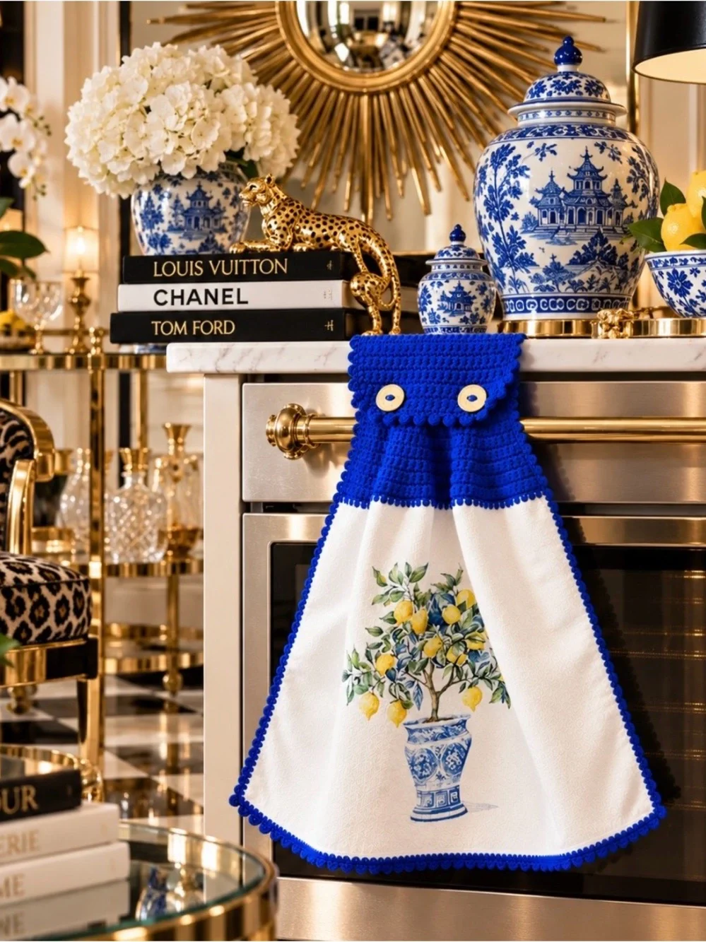 Handmade Crochet Hanging Kitchen Towel Chinoiserie Lemon Tree